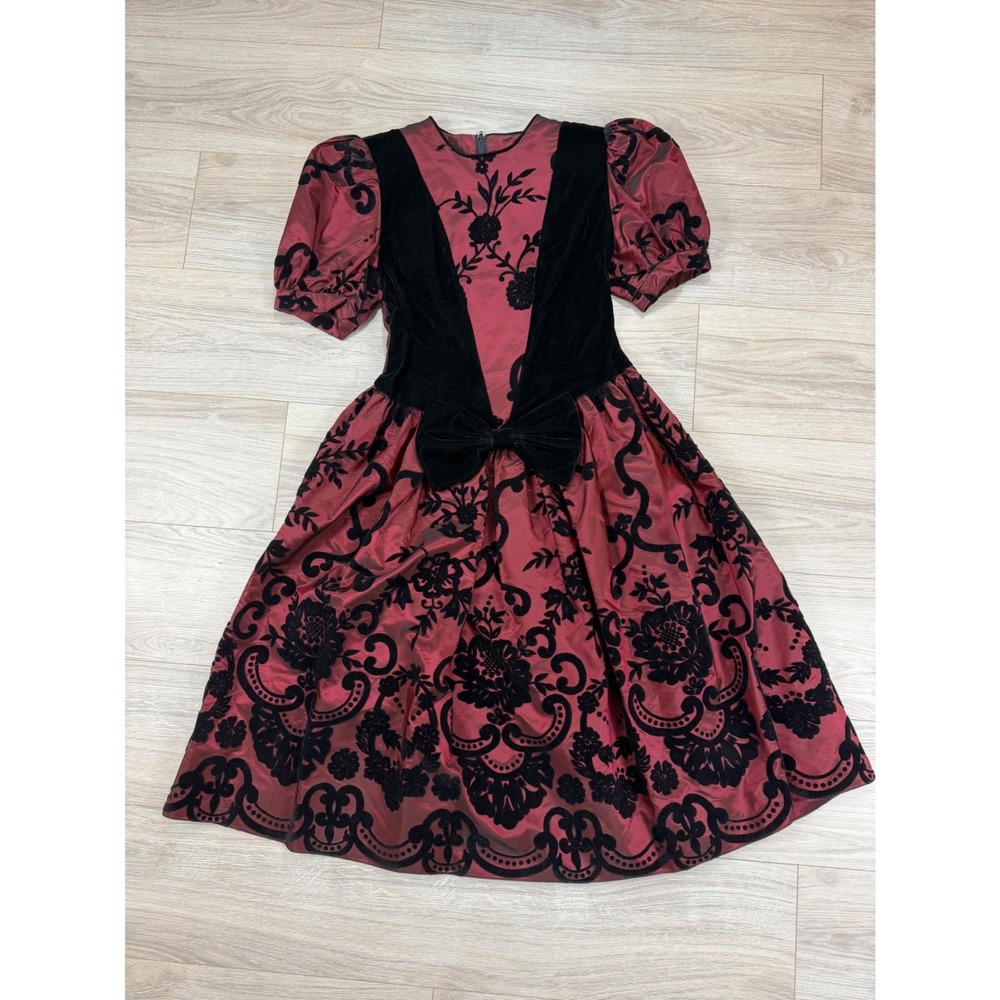 Vintage Gunne Sax Jessica McClintock Burgundy Black Velvet Flocked Dress Size 12